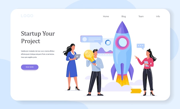 Rocket launch as a metaphor of startup. Business development concept. Entrepreneurship concept. People achieve success.  illustration for web banner