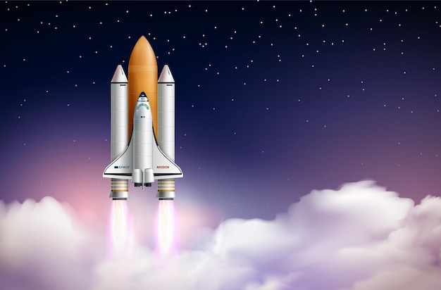 Rocket launch composition with realistic landscape above clouds with stars and space shuttle on launch vehicle