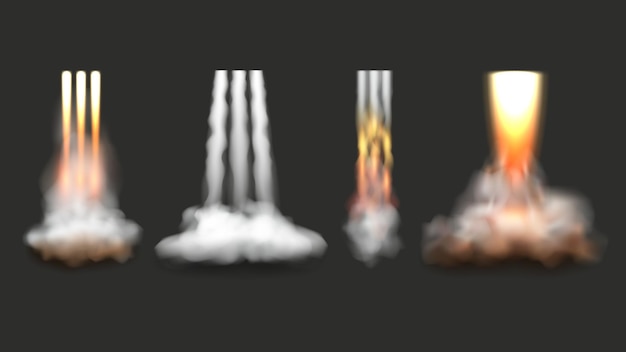 Vector rocket launch fire flame and smoke from space shuttle startup decent vector realistic illustration set