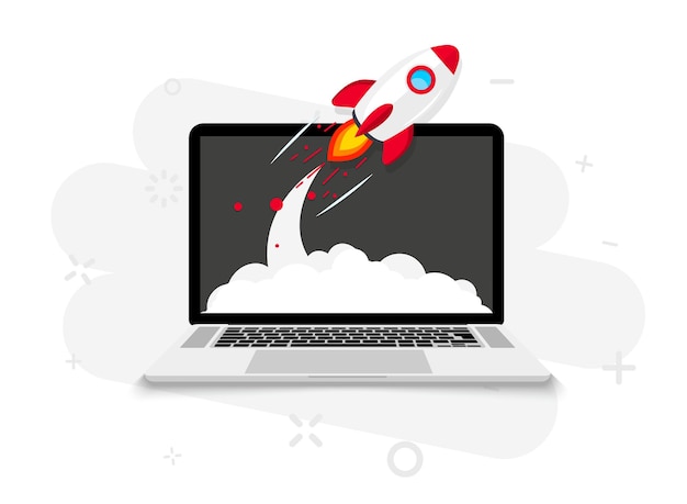 Rocket launch from laptop screen. Rocket taking off. Business Start up, Launching new product or service. Successful start-up launch new business project. Creative or innovative idea. Rocket launch