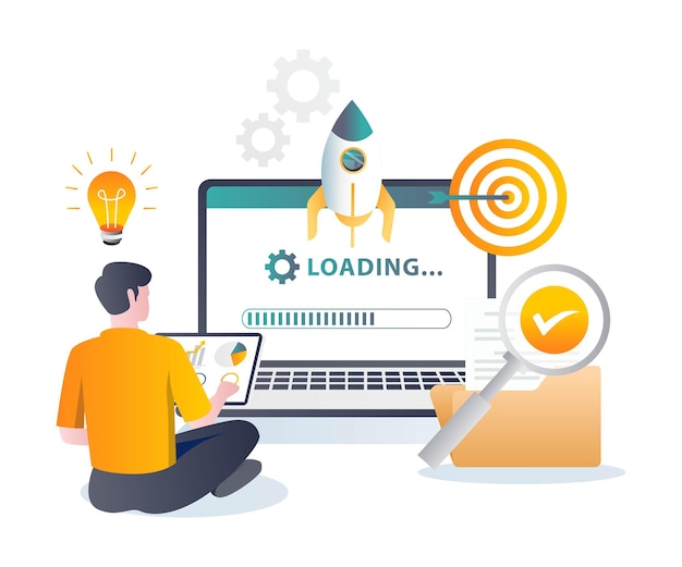 Rocket launch loading process in flat illustration