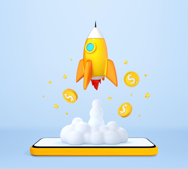 Rocket launching from smartphone with dollar coins Business startup concept Vector 3d illustration