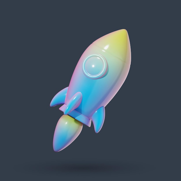 Vector rocket launching upwards spaceship flight realistic 3d design element in a plastic cartoon style