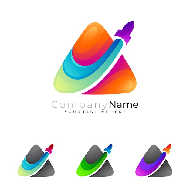 Rocket logo and triangle design, technology icons