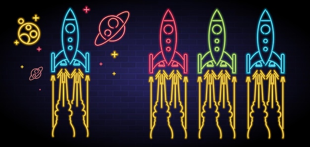 Rocket and planet with neon light glowing element