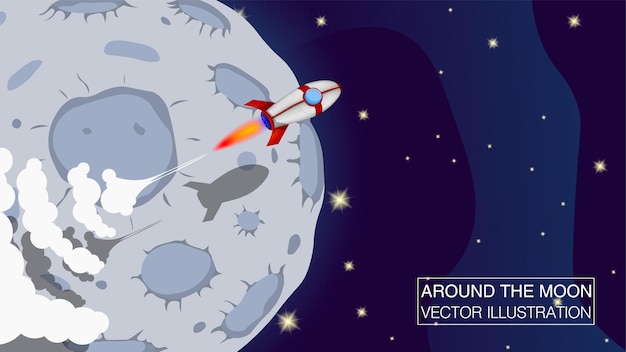 Rocket Ship in a Cartoon Style Fly Around the MoonVector illustration with 3d Flying Rocket