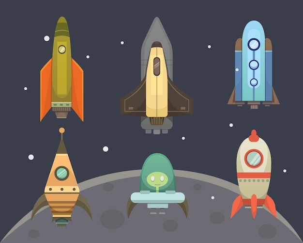 Rocket ship in cartoon style. New Businesses Innovation Development   Icons Template. Space ships illustrations set.