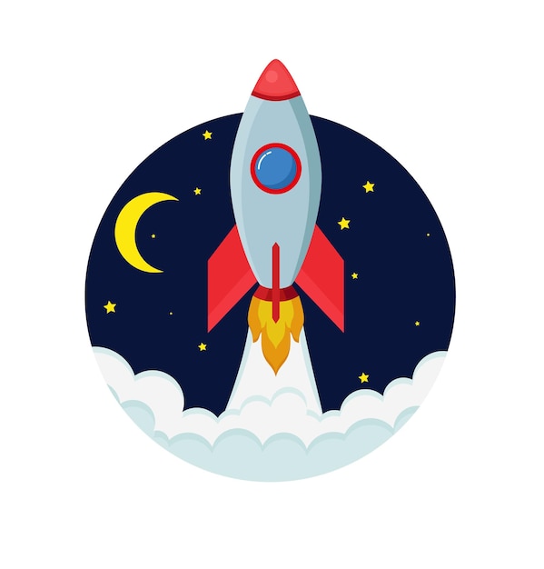 Rocket ship in a flat styleVector illustration with 3d flying rocketSpace travel to the moonSpace rocket launchProject start up and development processInnovation productcreative ideaManagement