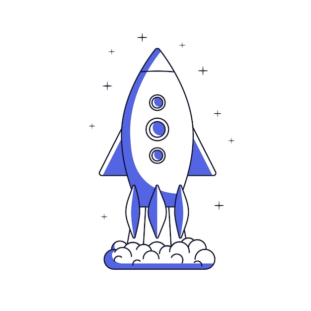 Rocket ship launching to cosmos Aerospace shuttle travel expedition Future rocketship spaceship flight Space tourism concept Line art flat vector illustration isolated on white background