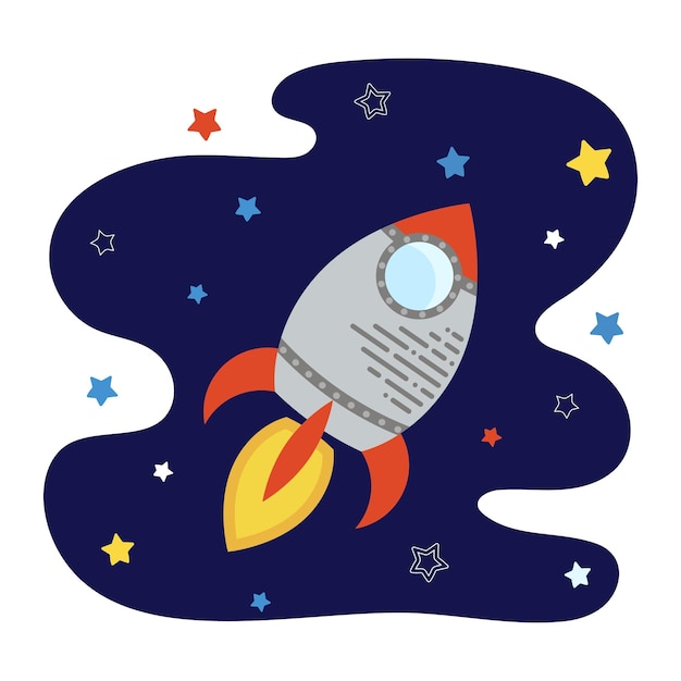 Rocket ship with space and stars on blue background Flat icon Illustration with flying shuttle