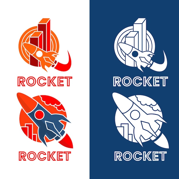 rocket sky media, line art logo, rocket, building, cloud and moon symbol