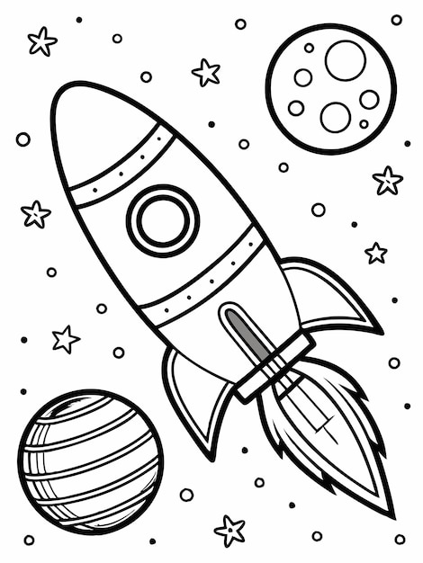 Vector rocket in space colouring book pages for children and adults with vector design