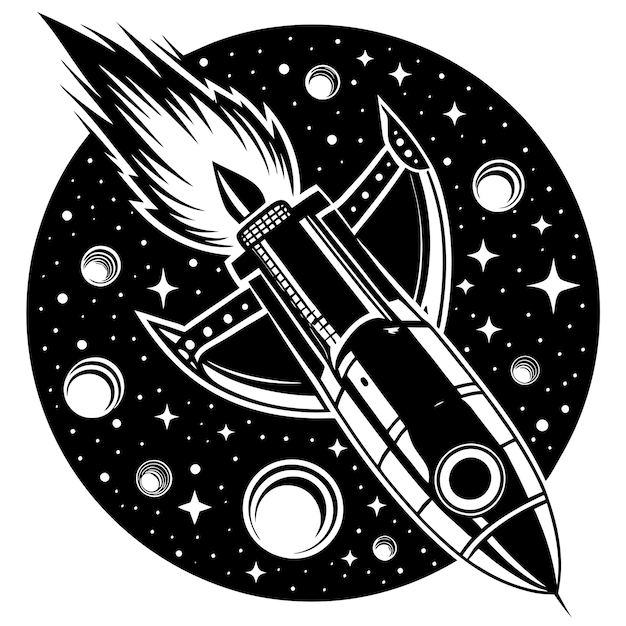 Rocket in space illustration black and white vector