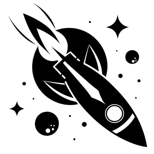 Rocket in space illustration black and white vector