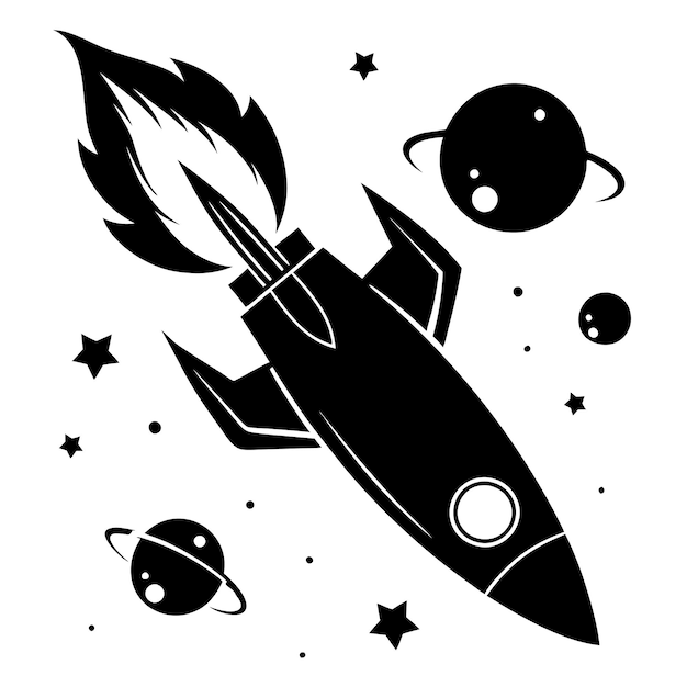 Rocket in space illustration black and white vector