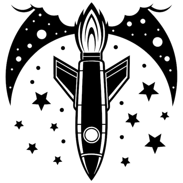 Rocket in space illustration black and white vector