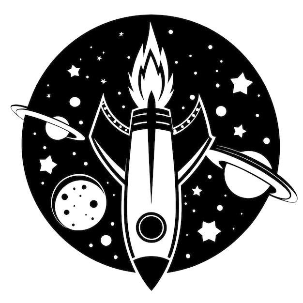 Rocket in space illustration black and white vector