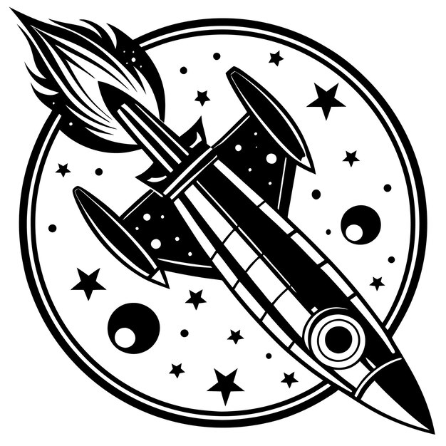 Rocket in space illustration black and white vector