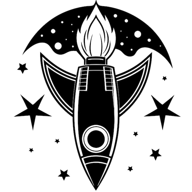 Rocket in space illustration black and white vector