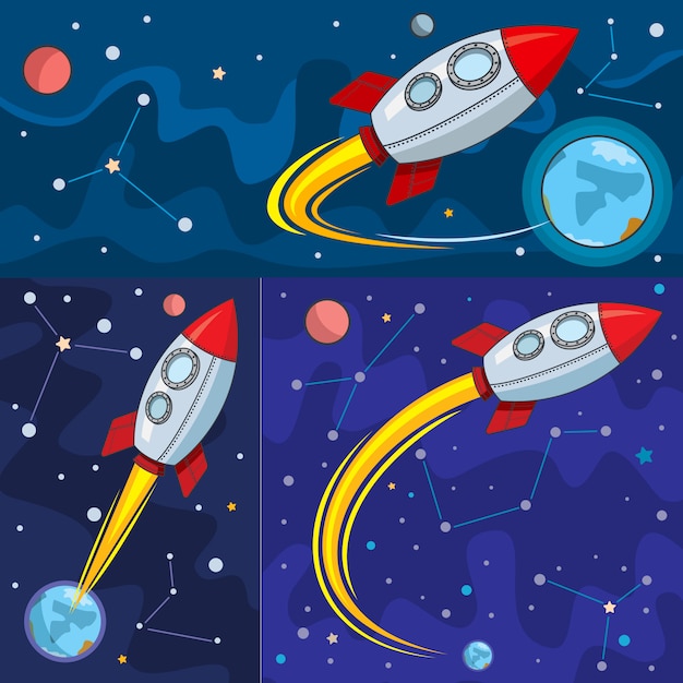 Rocket in space, set of 3 color cartoon illustrations. Rocket in flight against the background of planet Earth, in the dark sky stars, planets, constellations