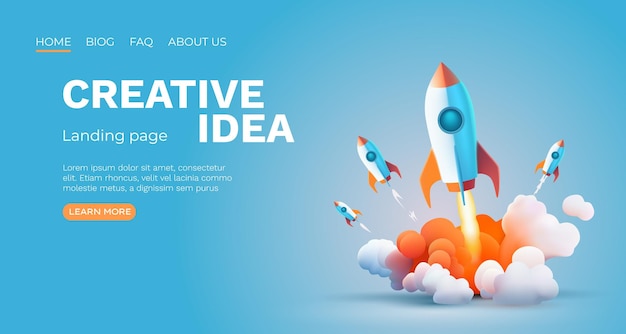 Rocket space startup, creative idea cover, landing page web site, Vector illustration