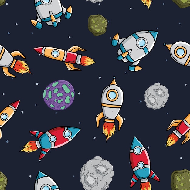 Rocket or spaceship with asteroid and star in seamless pattern