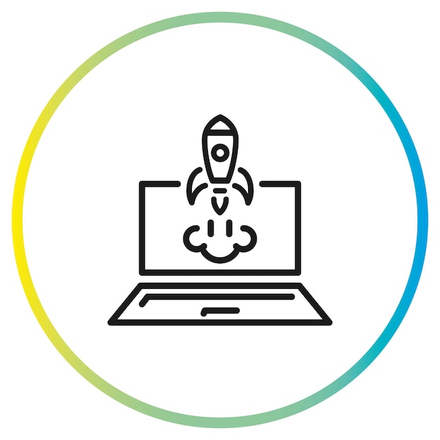 Rocket start to air from laptop monitor line sign icon vector