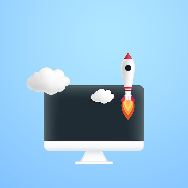 Rocket started from computer monitor illustration