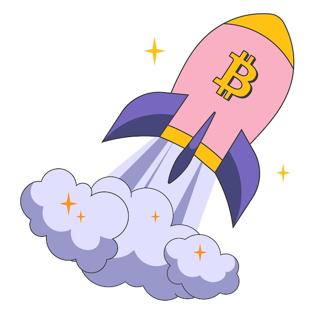 Rocket with bitcoin icon flies up Vector illustration in retro style about rise of bitcoin