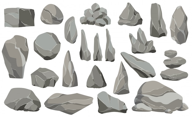 Rocks and stones single or piled for damage and rubble. Large and small stones. Set of flat design icons