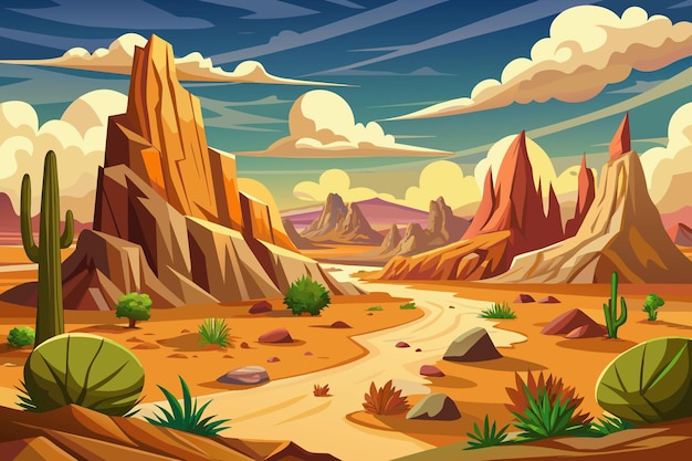 Vector rocky desert landscape with nature background illustration in cartoon style