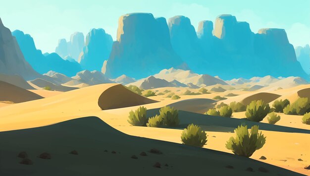 Vector rocky desert with canyons and a few bushes detailed hand drawn painting illustration