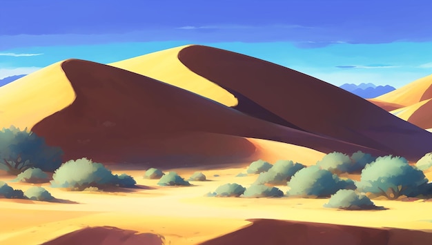 Vector rocky desert with canyons and a few bushes detailed hand drawn painting illustration