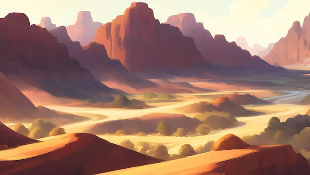 Vector rocky desert with canyons during sunrise or sunset detailed hand drawn painting illustration