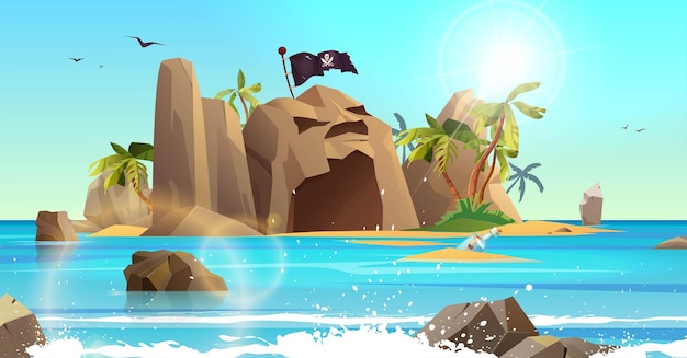 Rocky island in the shape of skull with pirate flag and palm trees in the ocean.