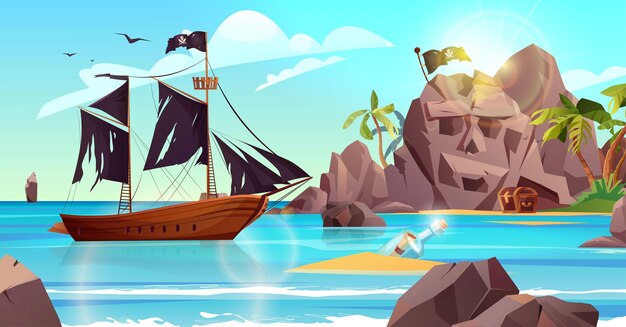 Vector rocky island in the shape of skull with pirate ship flag and palm trees in the ocean