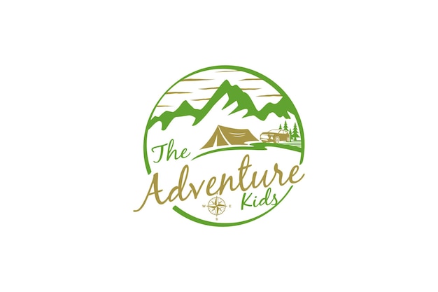 Rocky mountain logo adventure park outdoor emblem badge tent camp illustration