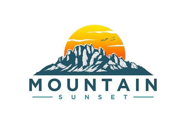 Rocky mountain logo design with sunset view illustration nature landscape village hill