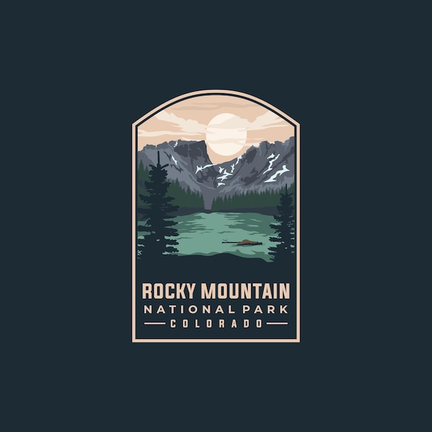 Rocky Mountain national park vector template. Colorado landmark illustration in emblem style.