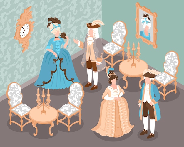 Vector rococo style isometric background depicting ladies and cavaliers dressed in clothes of 18th century vector illustration