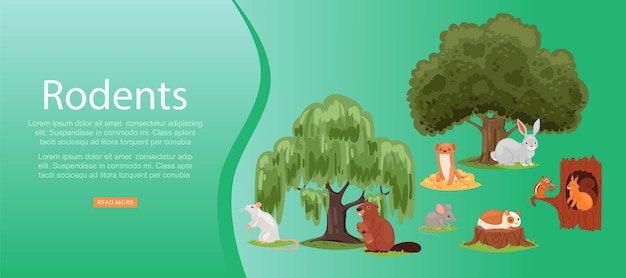 Rodents inscription on bright , set cute animal, mammal, little funny pets,     illustration. Forest, steppe and water rodents in nature, natural habitat, green trees.