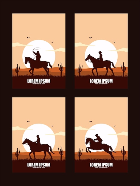 Vector rodeo retro logo with cowboy horse rider silhouette