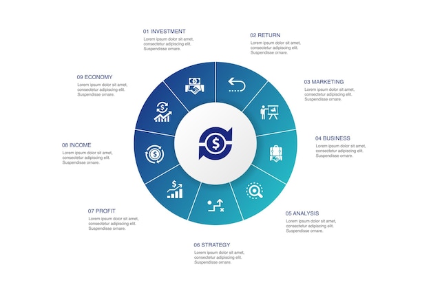 ROI Infographic 10 steps circle design. investment, return, marketing, analysis simple icons