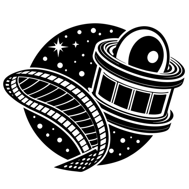 Roll Film and Space Planet Silhouettes Logo Design Cosmic and Cinematic Vector Graphics