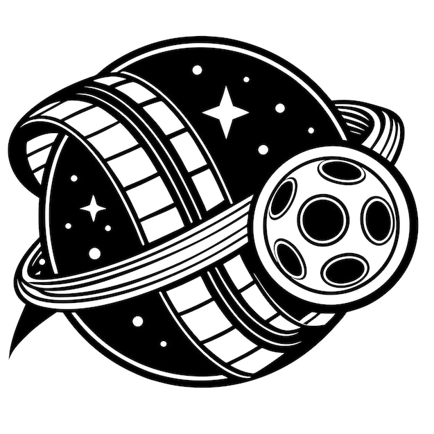 Roll Film and Space Planet Silhouettes Logo Design Cosmic and Cinematic Vector Graphics