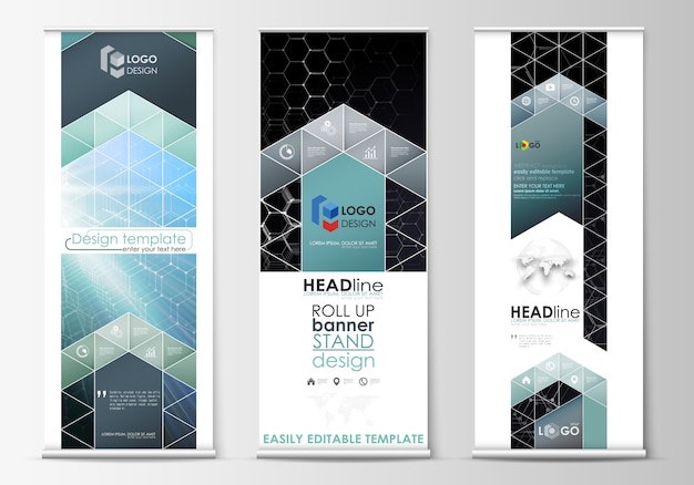 Vector roll up banner stands, abstract geometric style templates, corporate vertical vector flyers, flag layouts.