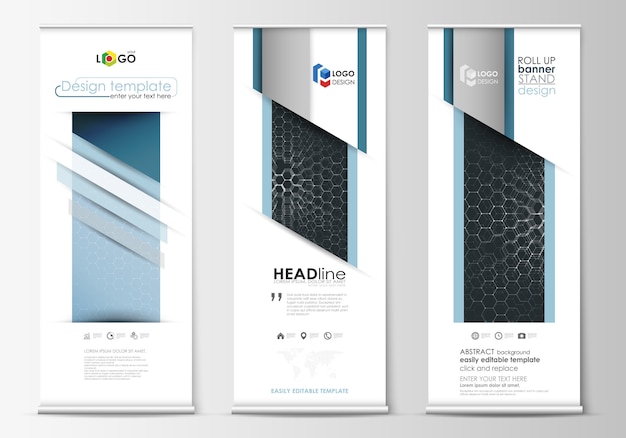 Roll up banner stands, abstract geometric style templates, corporate vertical vector flyers, flag layouts. 