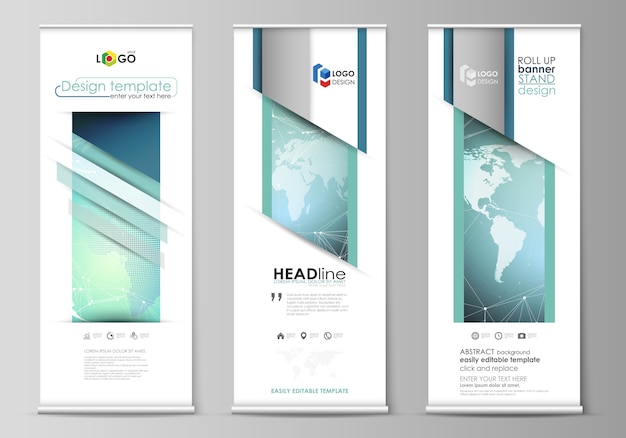 Vector roll up banner stands, vertical flyers, flags business templates.