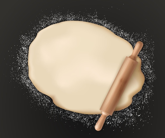 Rolling pin and homemade pastry dough bakery food