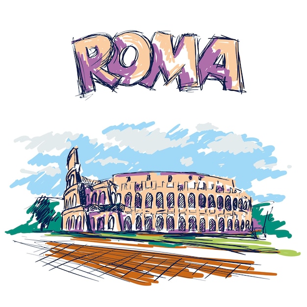 Roman Coliseum Sight in Rome Italy Handdrawn color vector sketch with Roma headline text